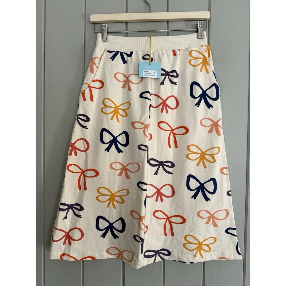 A-Line Bow Print Skirt - Navy, Orange, Yellow on Cream